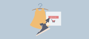Illustration of a shopping concept featuring a yellow dress on a hanger, a sneaker, and an "add to cart" button, representing online shopping and e-commerce.