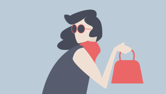 The image features a stylized illustration of a fashionable woman wearing sunglasses and holding a handbag, suggesting themes of fashion, style, or consumerism. The minimalist design and use of muted colors give the image a modern and chic feel