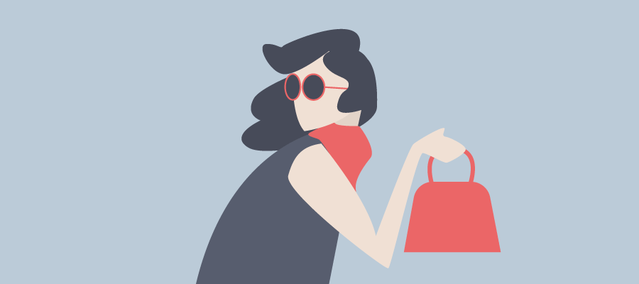 The image features a stylized illustration of a fashionable woman wearing sunglasses and holding a handbag, suggesting themes of fashion, style, or consumerism. The minimalist design and use of muted colors give the image a modern and chic feel