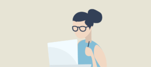 The image features a simplified illustration of a person with dark hair, tied in a bun, wearing glasses and a blue top, working on a laptop. The character appears to be deep in thought, possibly engaged in research, writing, or some other intellectual activity. The overall design is minimalist, with muted colors, giving it a calm and focused vibe, suitable for representing themes related to work, productivity, or online learning.