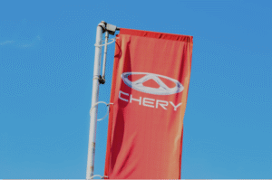 Photo of Chery logo for the media analytics report where Chery and Geely topped the media coverage news.