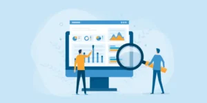 The image depicts two figures analyzing data displayed on a large computer screen, with one figure holding a magnifying glass, symbolizing a close examination of the information. The screen shows various graphs, charts, and analytics, indicating a focus on data analysis and monitoring. The overall color scheme is blue, which conveys a sense of professionalism and trust. This image is relevant to topics related to data analytics, business intelligence, performance monitoring, and making data-driven decisions in a corporate environment.