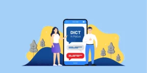 Illustration of two people standing next to a large smartphone displaying the text "DICT in Focus," with a nature-themed background. The image represents a digital communication or information platform.