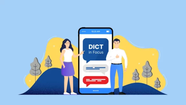 Illustration of two people standing next to a large smartphone displaying the text "DICT in Focus," with a nature-themed background. The image represents a digital communication or information platform.