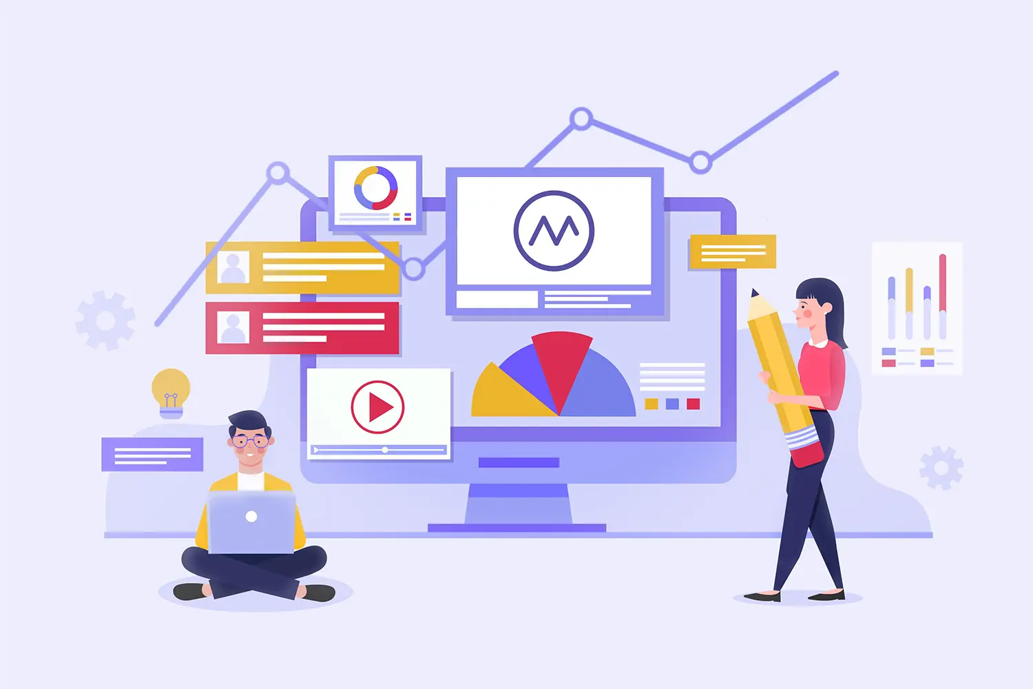 Illustration of a man sitting with a laptop and a woman holding a large pencil, with multiple screens showing charts, graphs, and data. The image represents concepts related to brand monitoring, media tracking, and social media analytics. Keywords such as "brand reputation monitoring," "brand mention tools," and "media monitoring service" are applicable to this visual.