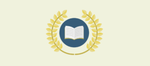 An illustration of an open book placed within a blue circle, surrounded by a golden laurel wreath, symbolizing achievement or excellence in education or knowledge.