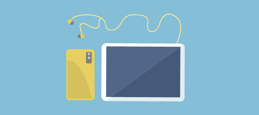 The image features a digital tablet and a yellow portable music player with connected earphones. The tablet is depicted with a blank screen, while the music player has earphones plugged in, suggesting usage for entertainment, media consumption, or digital connectivity. The design is simple and modern, with a focus on digital devices commonly used in everyday life.