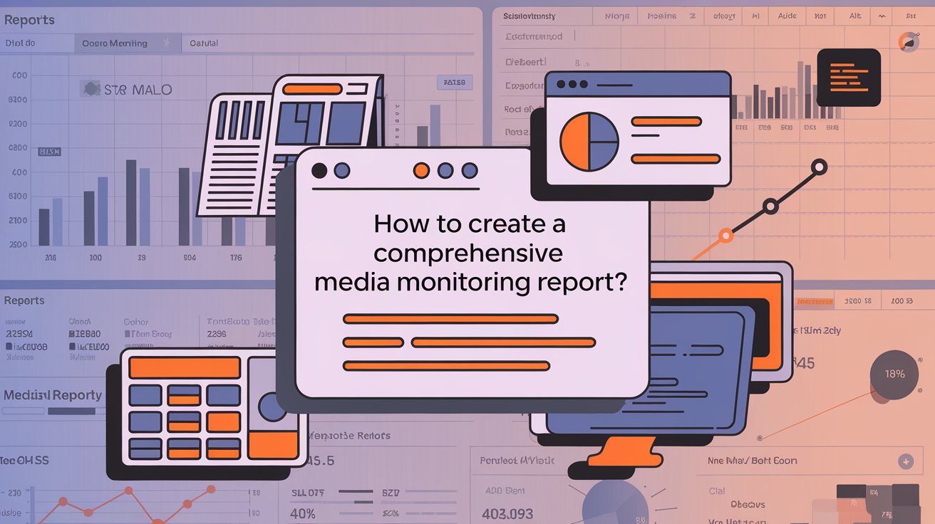 Illustration of a media monitoring report with charts, graphs, and analytics, highlighting the process of creating a comprehensive report.