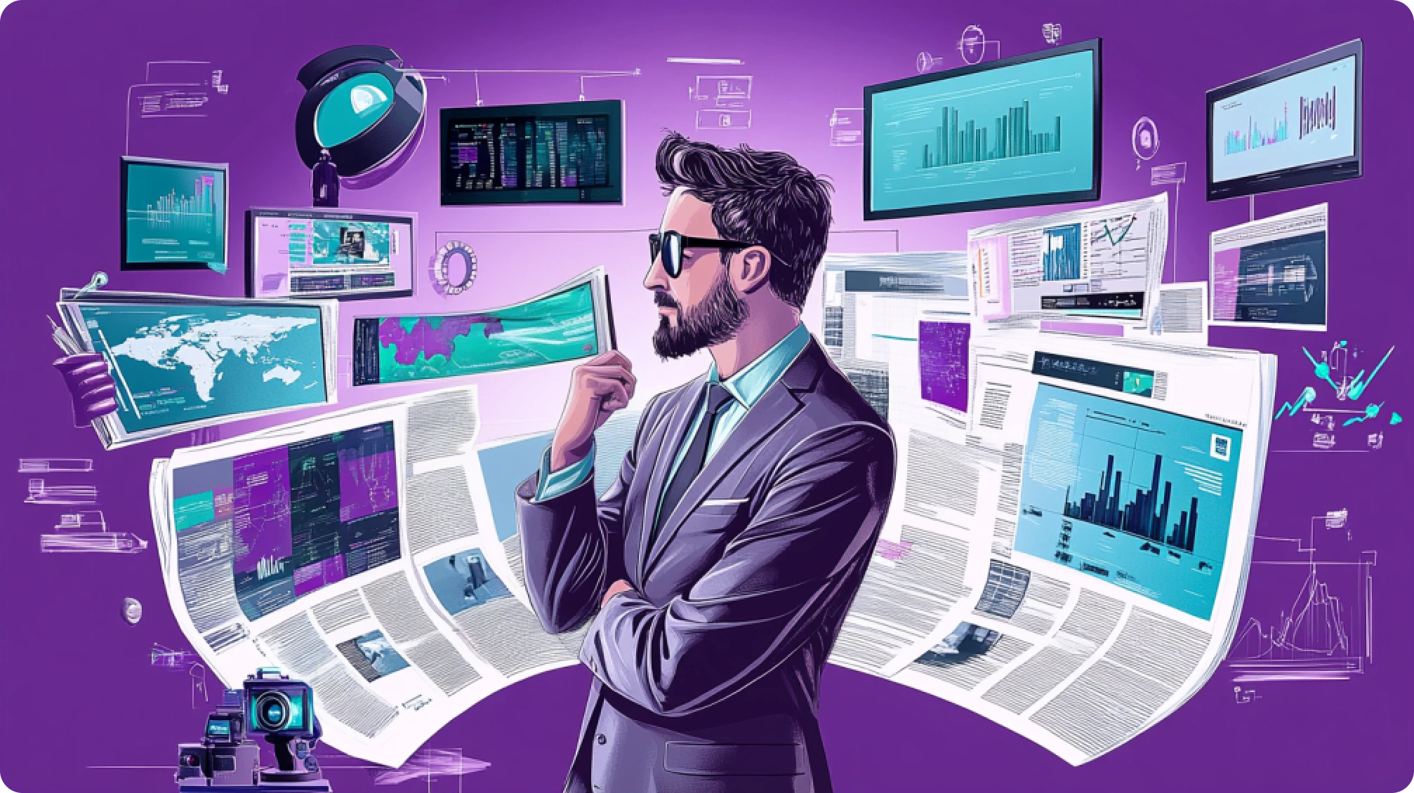 A businessman in a suit and sunglasses standing amidst floating digital screens displaying graphs, maps, and news articles, symbolizing media monitoring and data analysis.
