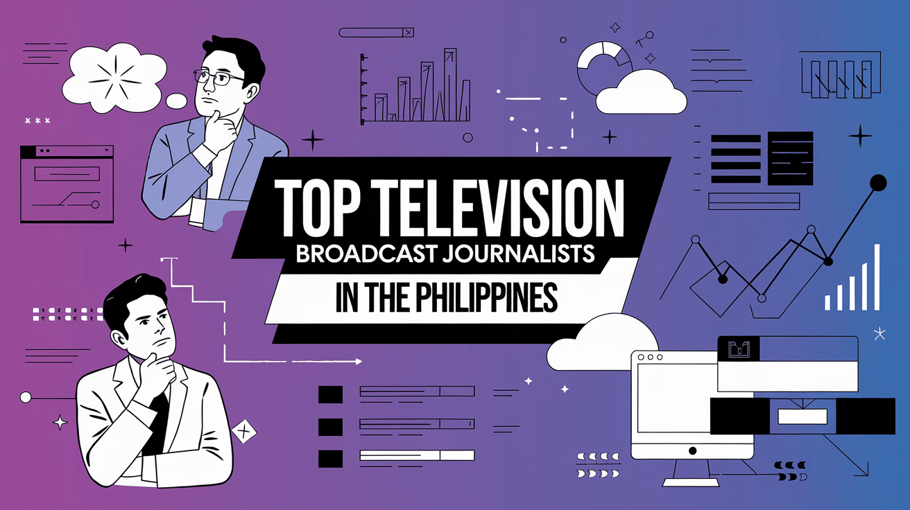 Illustration featuring top television broadcast journalists in the Philippines, highlighting their role in delivering news with graphs, charts, and media icons.