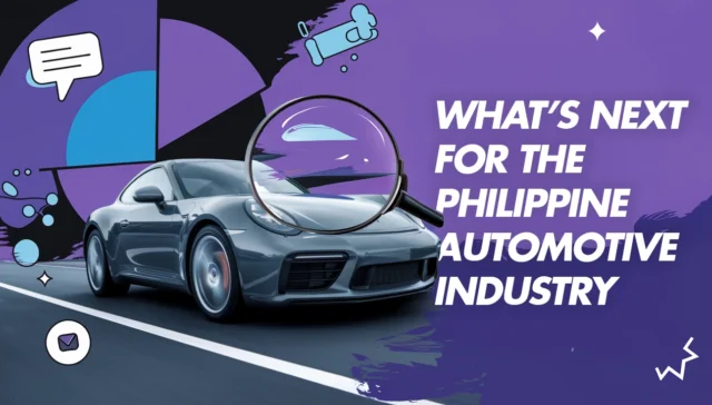 A sleek car on the road with a magnifying glass and charts in the background, highlighting automotive marketing strategies and the future of the Philippine automotive industry.