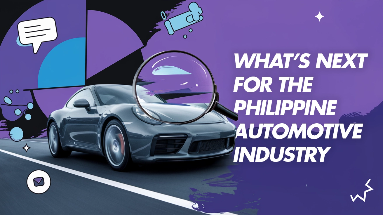 A sleek car on the road with a magnifying glass and charts in the background, highlighting automotive marketing strategies and the future of the Philippine automotive industry.