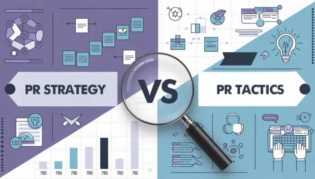 Illustration comparing PR strategy vs. tactics with a magnifying glass, highlighting key elements of effective PR strategies.