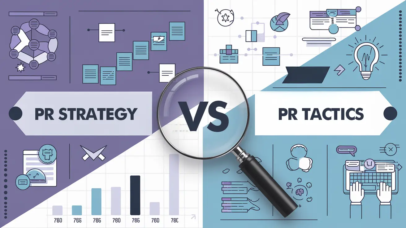 Illustration comparing PR strategy vs. tactics with a magnifying glass, highlighting key elements of effective PR strategies.