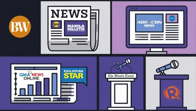 Logos of top Philippine news platforms, including Manila Bulletin, ABS-CBN News, GMA News Online, Philippine Star, The Manila Times, and Rappler.