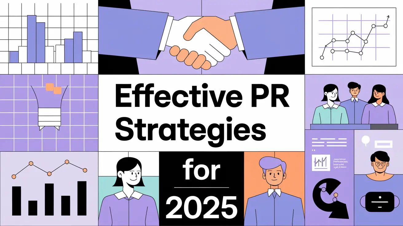 Illustrated graphic showcasing Effective PR Strategies for 2025, featuring handshake, charts, and professionals in a modern, purple-themed design.