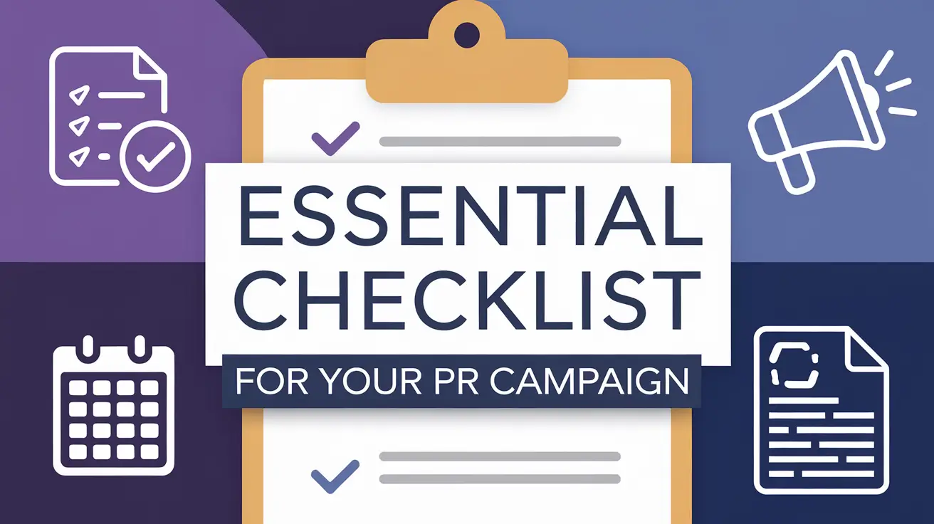 Illustrated clipboard with an Essential Checklist for Your PR Campaign, featuring planning, messaging, and media strategy icons in a modern, professional design.