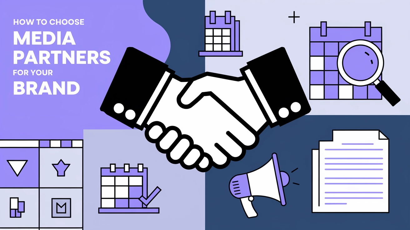 Illustration of a handshake with icons of calendars, documents, and a megaphone, representing how to choose media partners for your brand.