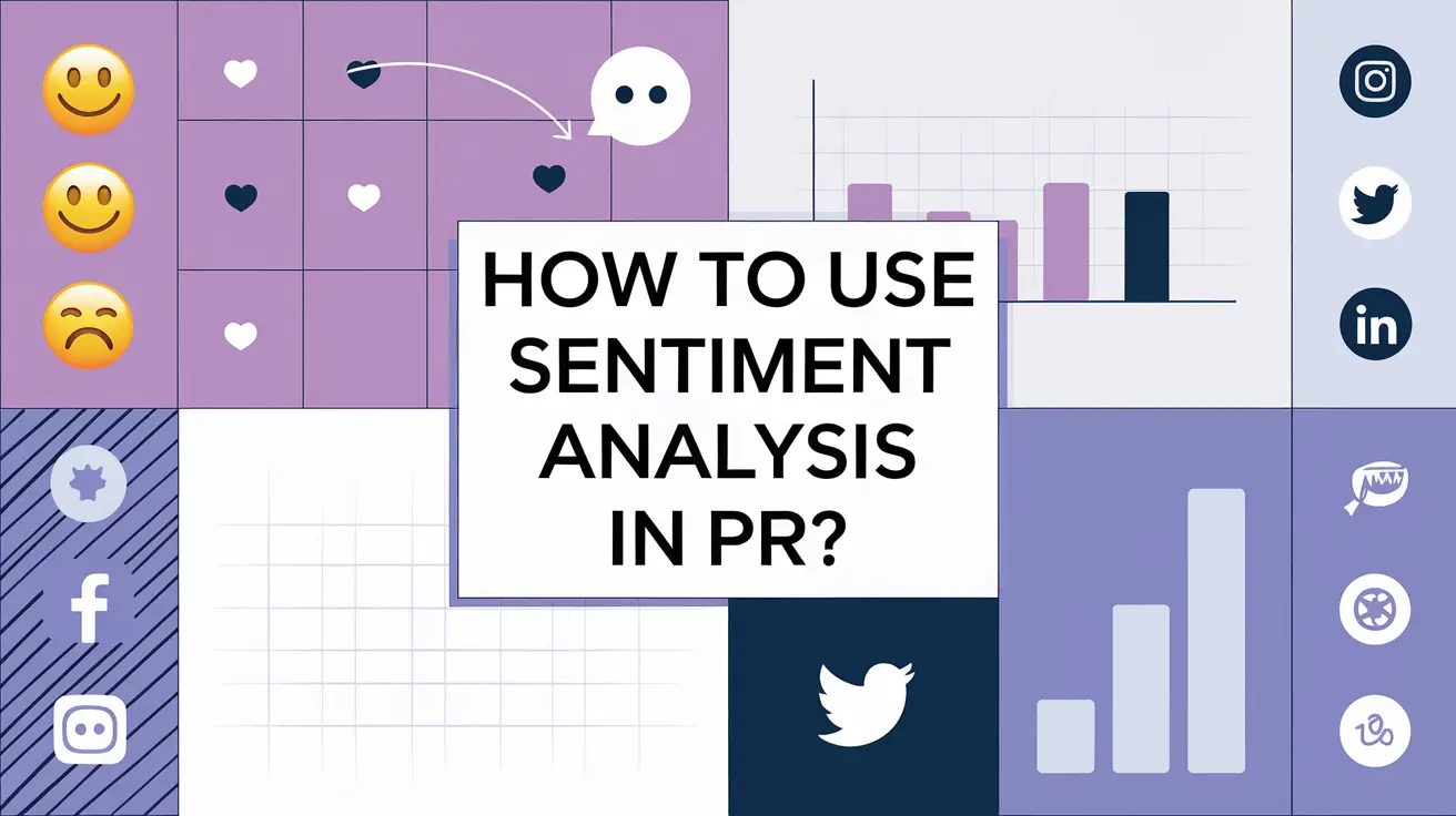 How to use sentiment analysis in PR? Digital graphic with social media icons, sentiment emojis, and data charts representing sentiment analysis in PR