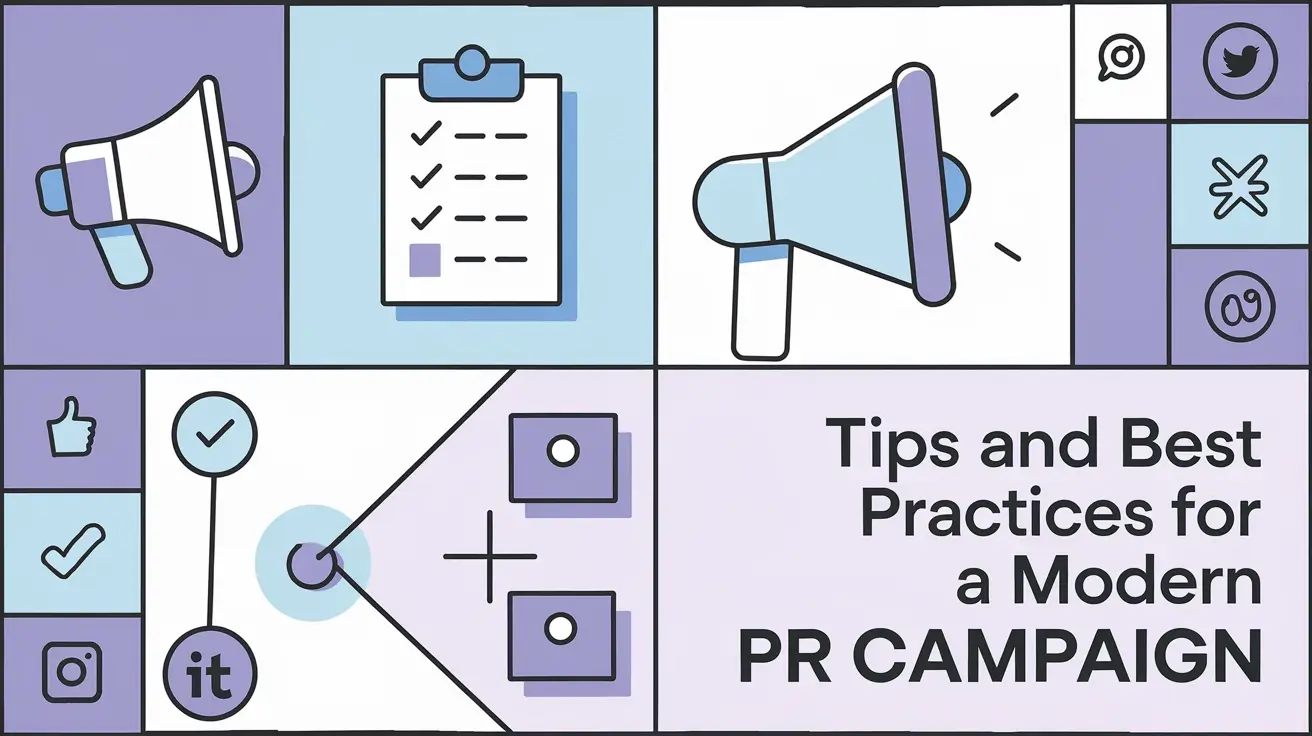 Illustration of megaphones, a checklist, and social media icons highlighting tips and best practices for a modern PR campaign.