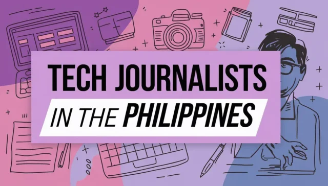 Illustration featuring tech gadgets, a camera, and a journalist with the text 'Tech Journalists in the Philippines' highlighting media professionals.