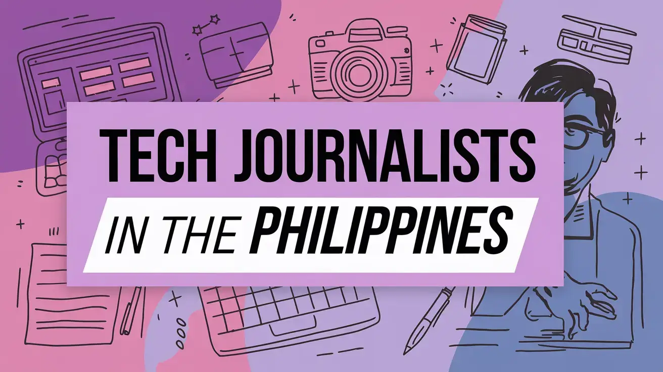 Illustration featuring tech gadgets, a camera, and a journalist with the text 'Tech Journalists in the Philippines' highlighting media professionals.