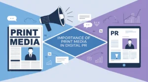 Illustration of a newspaper and a digital tablet connected, highlighting the importance of print media in digital PR and how both mediums work together effectively.