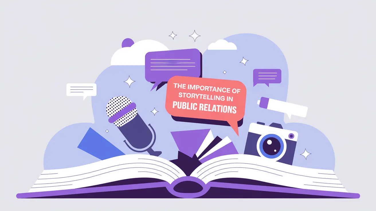 Illustration of an open book with a microphone, camera, and speech bubbles, highlighting the importance of storytelling in public relations