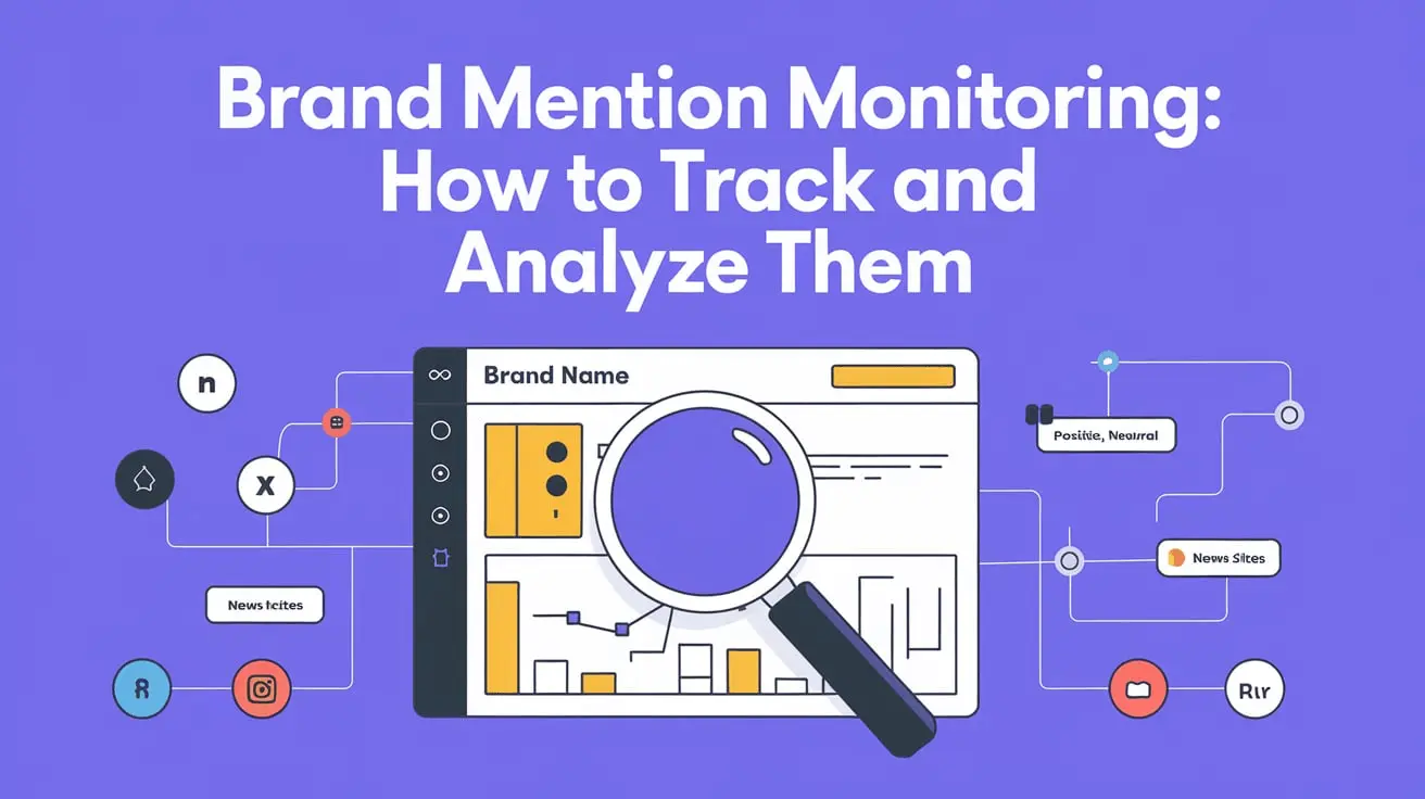 Illustration of brand mention monitoring with a magnifying glass, data charts, and social media icons, highlighting how to track brand mention effectively