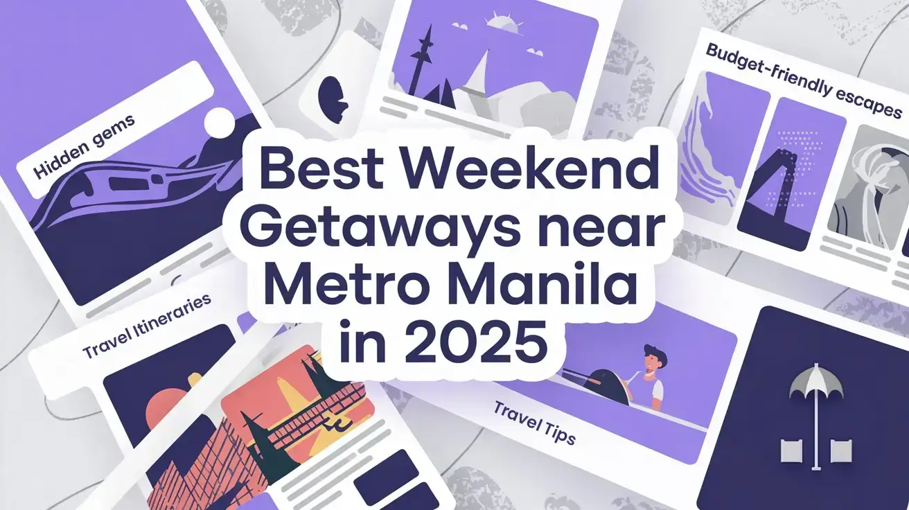 A collage of illustrated cards featuring travel tips, hidden gems, budget-friendly escapes, and itineraries for Weekend Getaways in Metro Manila 2025.