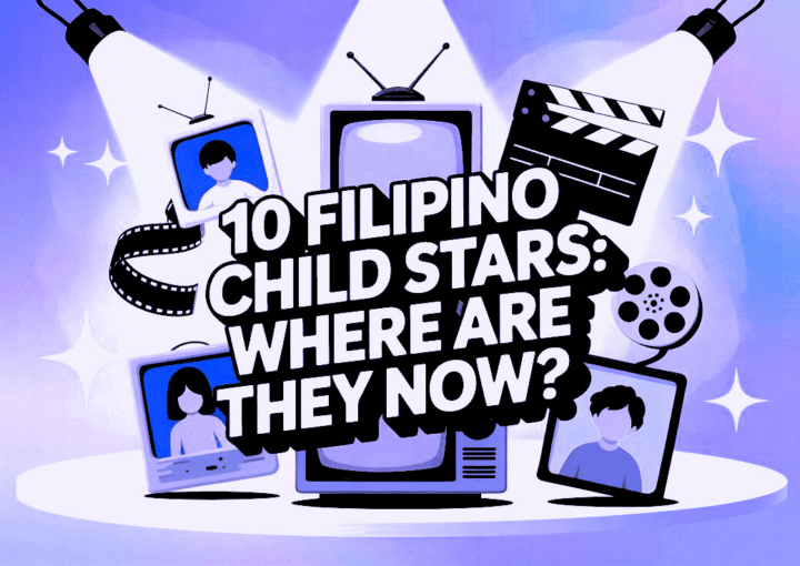 Illustration featuring TV icons, film elements, and spotlights with the text "10 Filipino Child Stars: Where Are They Now?" highlighting a feature on what became of Filipino Child Stars