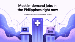 Illustration showing In-demand Jobs in the Philippines with symbols for healthcare, technology, and retail, emphasizing how digital transformation drives career growth.