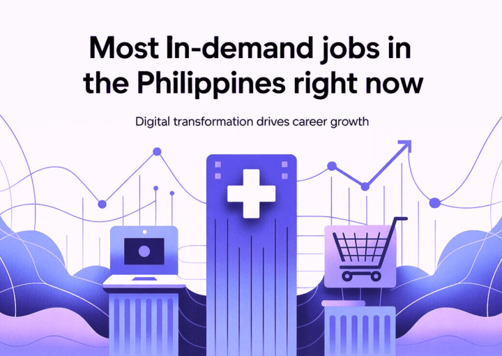 Illustration showing In-demand Jobs in the Philippines with symbols for healthcare, technology, and retail, emphasizing how digital transformation drives career growth.