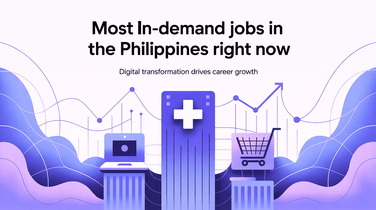Illustration showing In-demand Jobs in the Philippines with symbols for healthcare, technology, and retail, emphasizing how digital transformation drives career growth.