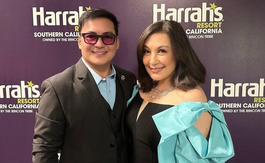 Filipino love teams Sharon Cuneta and Gabby Concepcion at Harrah's Resort California, dressed formally with Sharon in a turquoise off-shoulder gown and Gabby in a gray suit