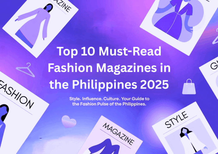 A vibrant purple gradient background featuring scattered fashion magazine covers with silhouettes of stylized figures, alongside the main text "Top 10 Must-Read Fashion Magazines in the Philippines 2025" and subtitle "Style. Influence. Culture. Your Guide to the Fashion Pulse of the Philippines."