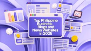 Illustration featuring browser windows, charts, and digital icons with the text "Top Philippine Business Blogs and News Websites in 2025" highlighting a guide to top Business Websites in the Philippines.