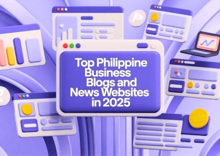 Illustration featuring browser windows, charts, and digital icons with the text "Top Philippine Business Blogs and News Websites in 2025" highlighting a guide to top Business Websites in the Philippines.