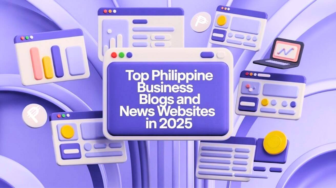 Illustration featuring browser windows, charts, and digital icons with the text "Top Philippine Business Blogs and News Websites in 2025" highlighting a guide to top Business Websites in the Philippines.
