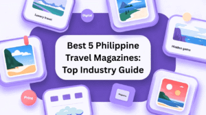 Illustration featuring vibrant, pastel-style travel icons such as beaches, mountains, and digital and print labels, surrounding the text 'Best 5 Philippine Travel Magazines: Top Industry Guide.