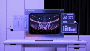A modern purple-tinted workspace featuring a computer monitor displaying a concert venue with stage lights and silhouetted audience, surrounded by floating data visualization panels showing charts and analytics for tracking the most watched concerts online.