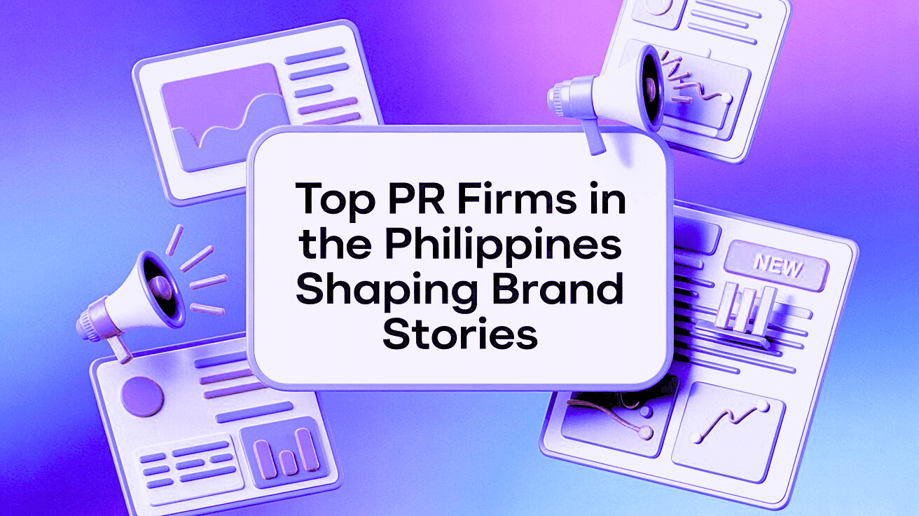 Stylized purple and blue gradient background featuring floating digital devices, megaphones, and data visualization elements surrounding the main text 'Top PR Firms in the Philippines Shaping Brand Stories' - illustrating modern public relations and digital marketing concepts.
