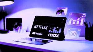 A purple-tinted workspace featuring a laptop and tablet displaying logos of major streaming platforms including Netflix, YouTube, and Max, surrounded by floating digital interface elements and charts in a modern tech environment.