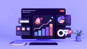 Media monitoring tools dashboard displaying analytics charts, sentiment tracking, and ROI metrics.