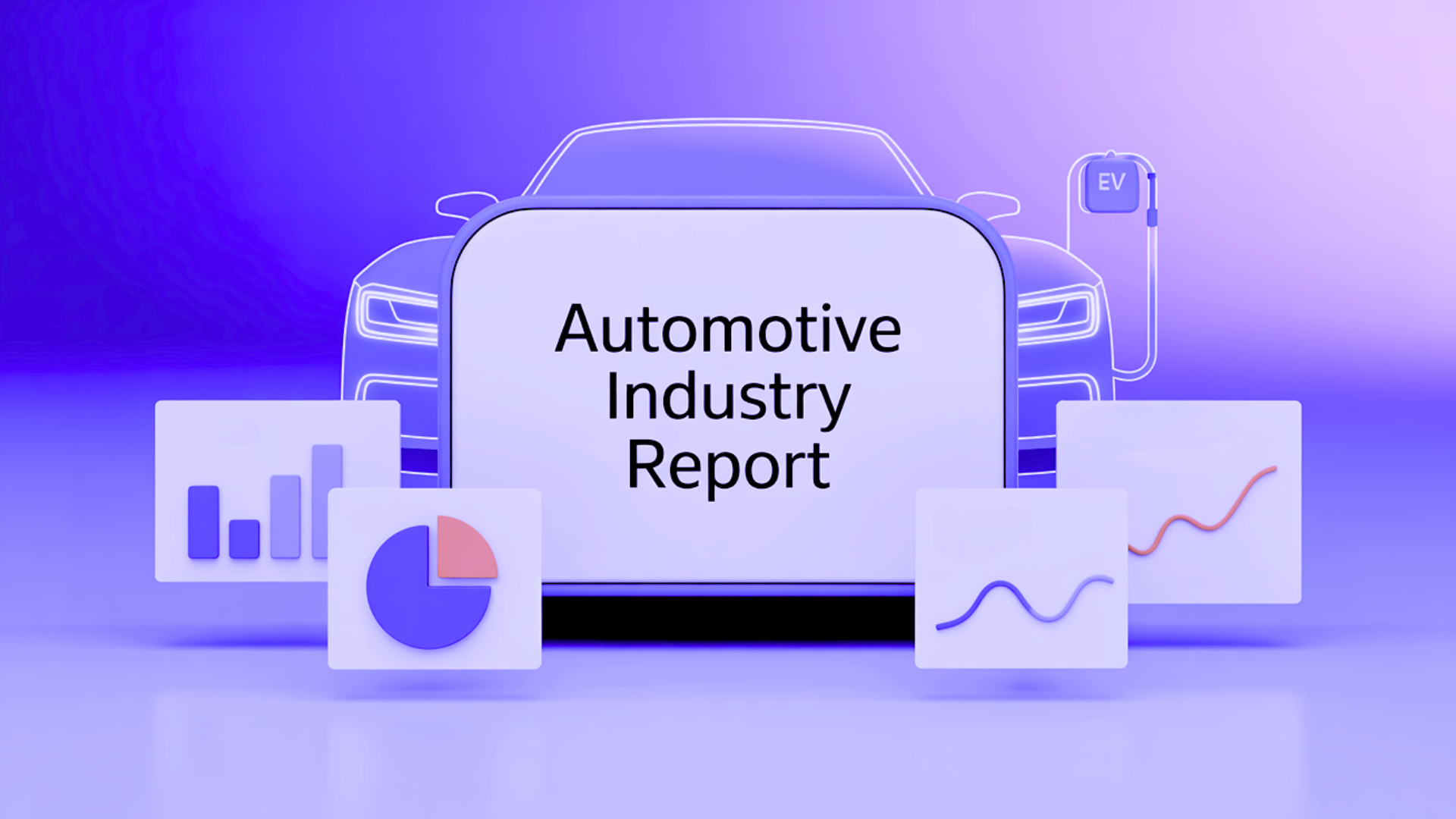 Automotive industry report illustration featuring purple gradient background with outlined electric car, EV charging station, and data visualization charts including bar graphs, pie chart, and trend lines.