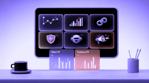 A modern 3D workspace showing a computer monitor displaying a Digital PR dashboard with various analytics icons including charts, graphs, security shields, AI bots, and marketing tools. Two data cards labeled "Digital PR" and "Traditional PR" with bar charts are positioned in front of the screen, alongside a coffee cup and pen holder on a purple-tinted desk.