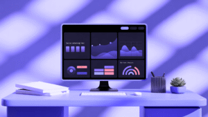 A sleek desktop showcasing a Media Monitoring interface called "Social Listening Tool" with various analytics dashboards, sentiment analysis widgets, and data visualization charts in purple and coral colors, positioned on a minimalist desk with office accessories.
