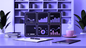 A modern workspace featuring six digital dashboard screens displaying various data visualizations and charts for media monitoring analytics, set against a purple-toned office environment with bookshelves, plants, and a coffee cup.RetryClaude can make mistakes. Please double-check responses.