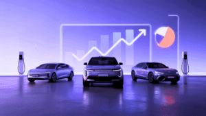 Three modern electric vehicles in purple hues displayed for automotive campaigns, showcasing EV charging infrastructure with charging stations on either side, set against a futuristic backdrop of glowing data visualizations including bar charts, trend lines, and pie charts that demonstrate market growth and analytics for electric vehicle marketing initiatives.