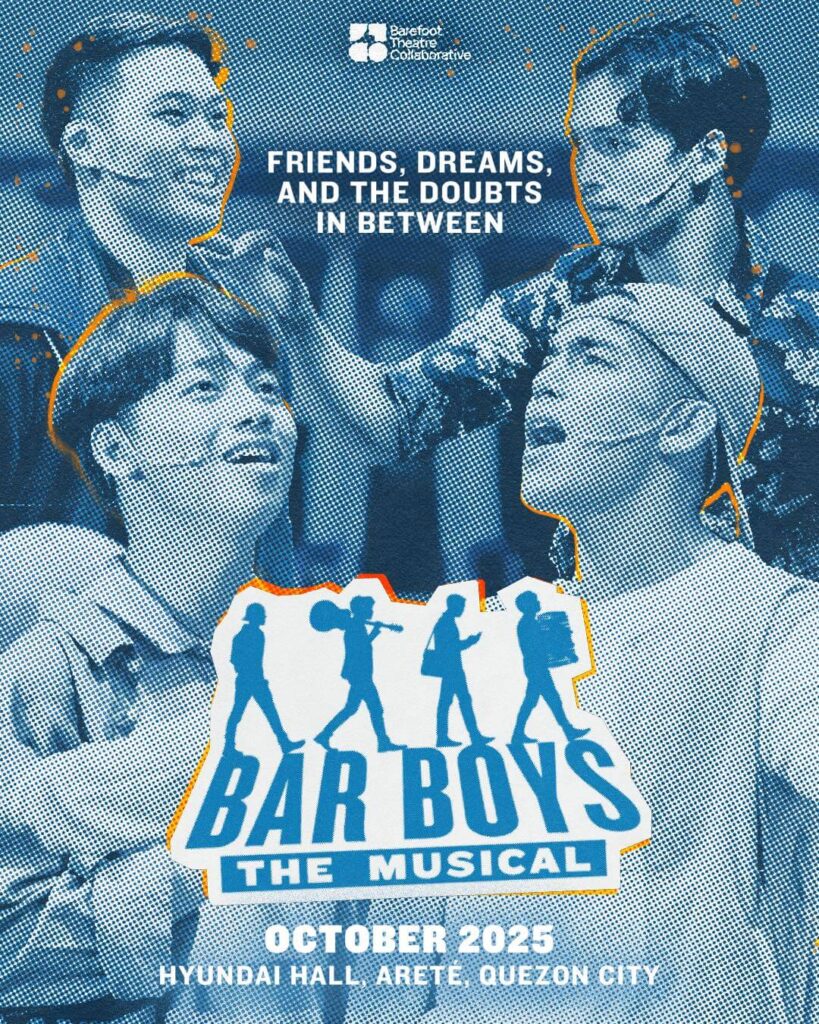 Bar Boys Manila musicals promotional poster with blue halftone design and performer silhouettes